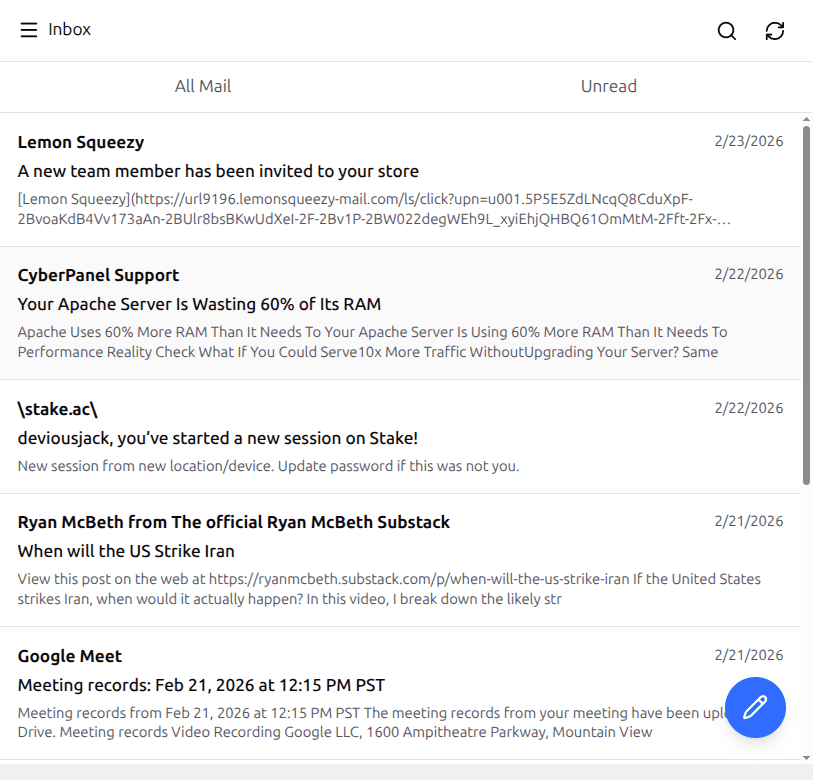 Unified inbox with top filter controls
