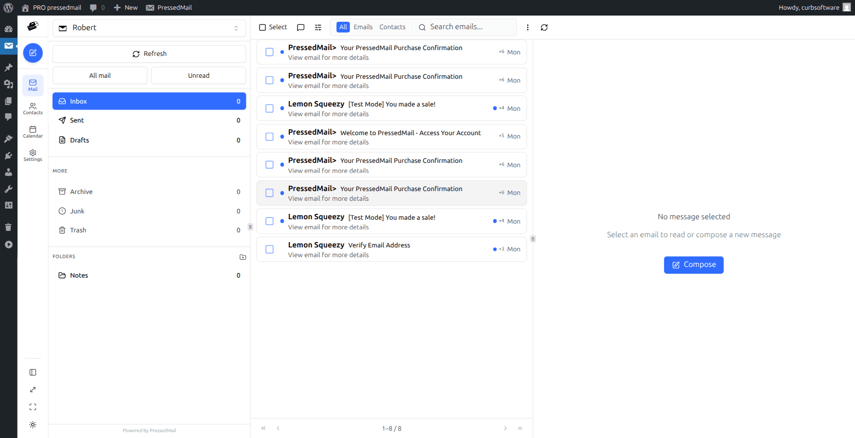 Calendar panel attached to inbox workspace